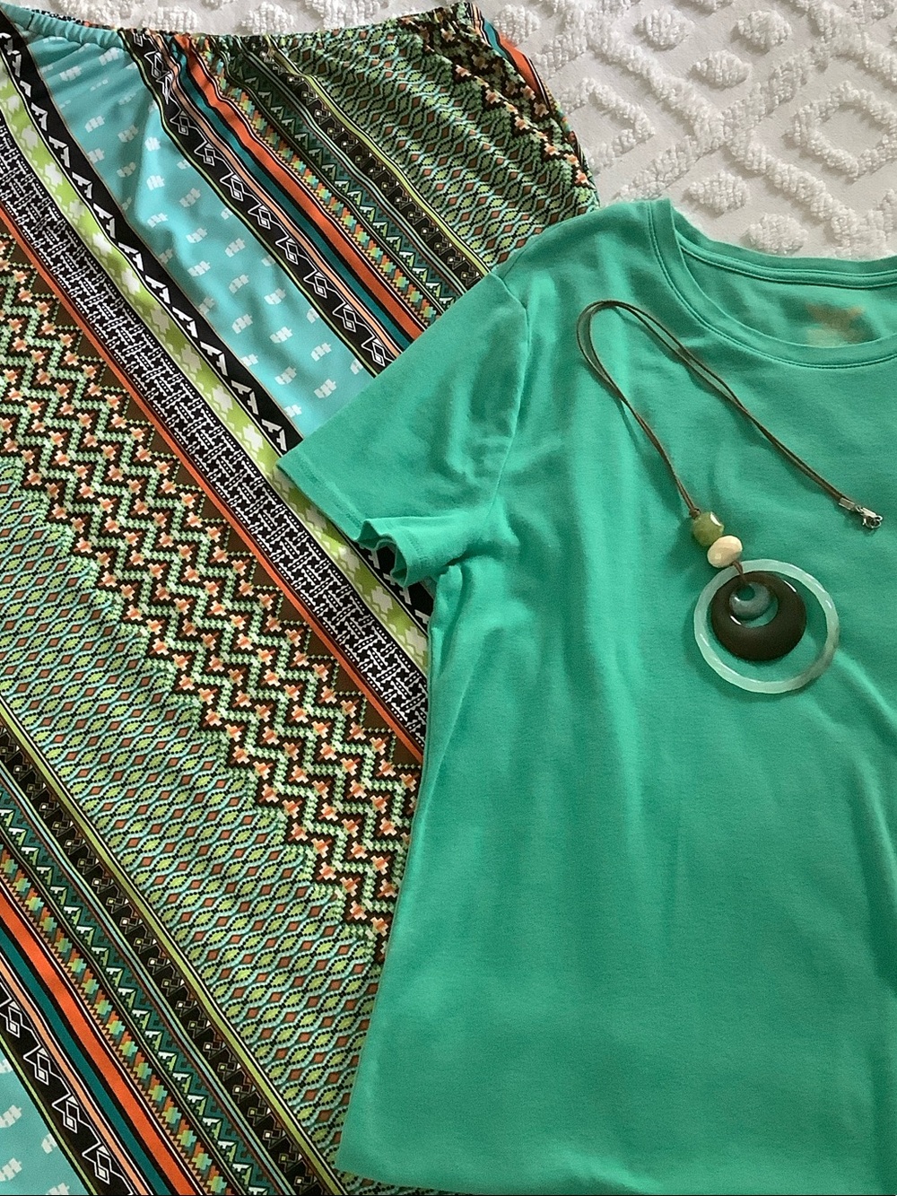 Aqua Short Sleeve Top and Patterned Skirt Set with Matching Long Necklace
